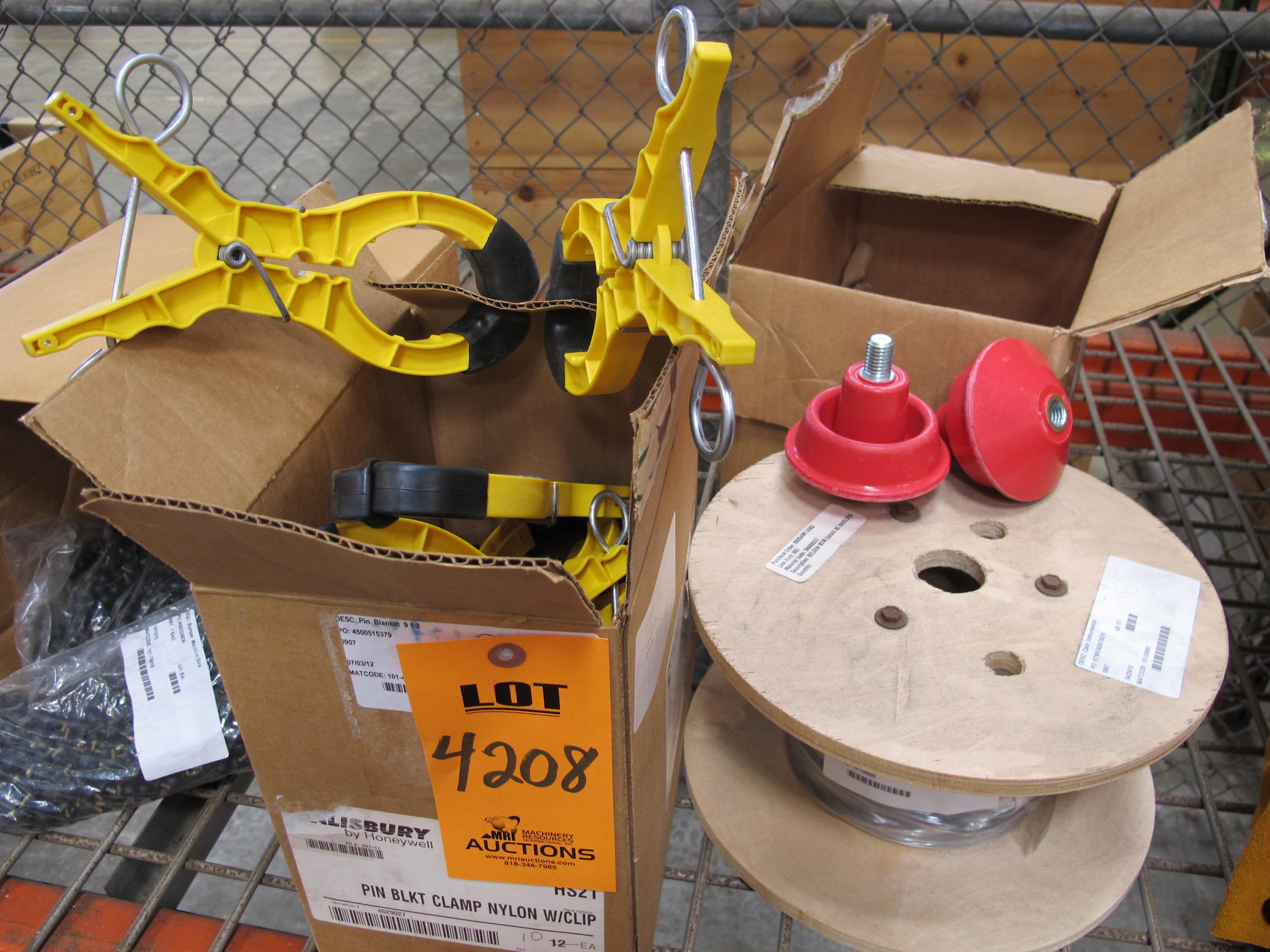 LOT TO INCLUDE: (3 BAGS) BUMPERS, MACHINE SCREW KIND, 0.438" DIA X 6-32 THREADS SIZE, VARIOUS COLORS. 1000 BUMPERS PER BAG, (8) INSULATORS, 4" DIA X 3" LG SIZE, HANGER CLAMP KIND, FIBERGLASS REINFORCED POLYESTER MATERIAL. 5KV USE WITH HANGER CLAMP PT# 11370, (2) JACKETS, MEDIUM SIZE, WELDERS KIND, LEATHER MATERIAL. 22" LG BODY, (1) CABLE, INSTRUMENTATION KIND, 8 CONDUCTOR OTHER, 24 AWG. SIZE. TINNED COPPER, S-R PVC INSULATED CONDUCTORS CABLED, BELDFOIL ALUM. LOADING & HANDLING FEE $15-4208